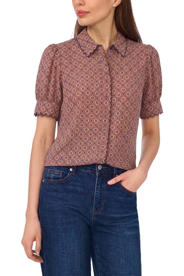 Print Scallop Puff Sleeve Shirt, Main, color, HAZEL