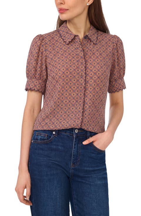 Print Scallop Puff Sleeve Shirt
