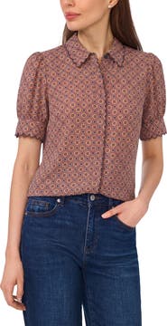 CeCe Print Scallop Puff Sleeve Shirt