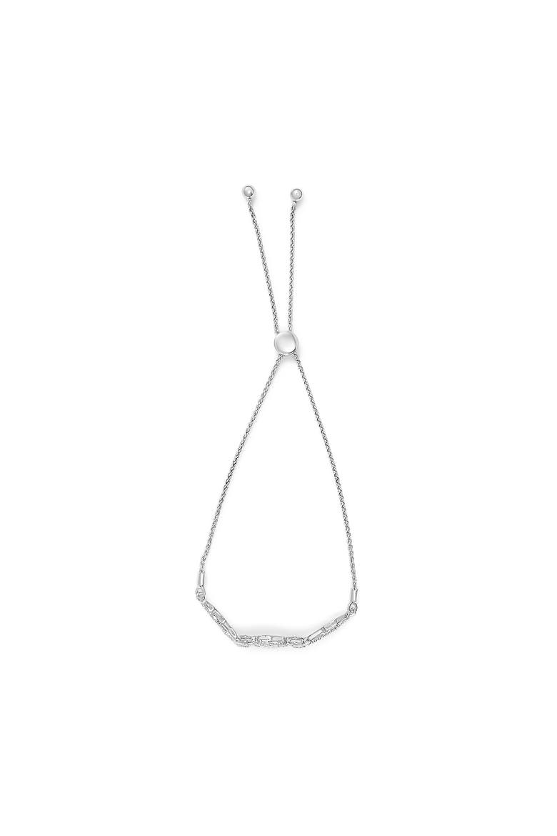 .925 Sterling Silver Diamond Cushion Frame Heart-Sides Twist Adjustable Bolo Tennis Bolo Bracelet, Alternate, color, Silver