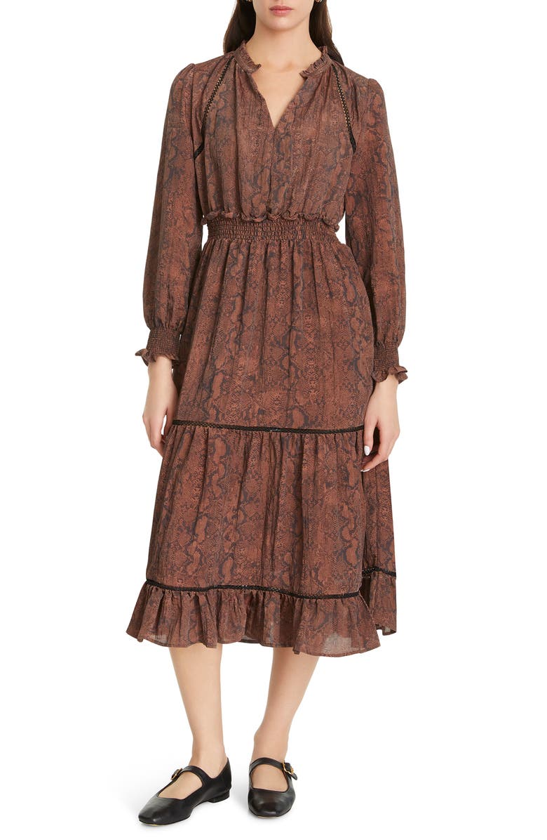 Sam Edelman Maya Trimmed Tiered Long Sleeve Midi Dress, Main, color, 