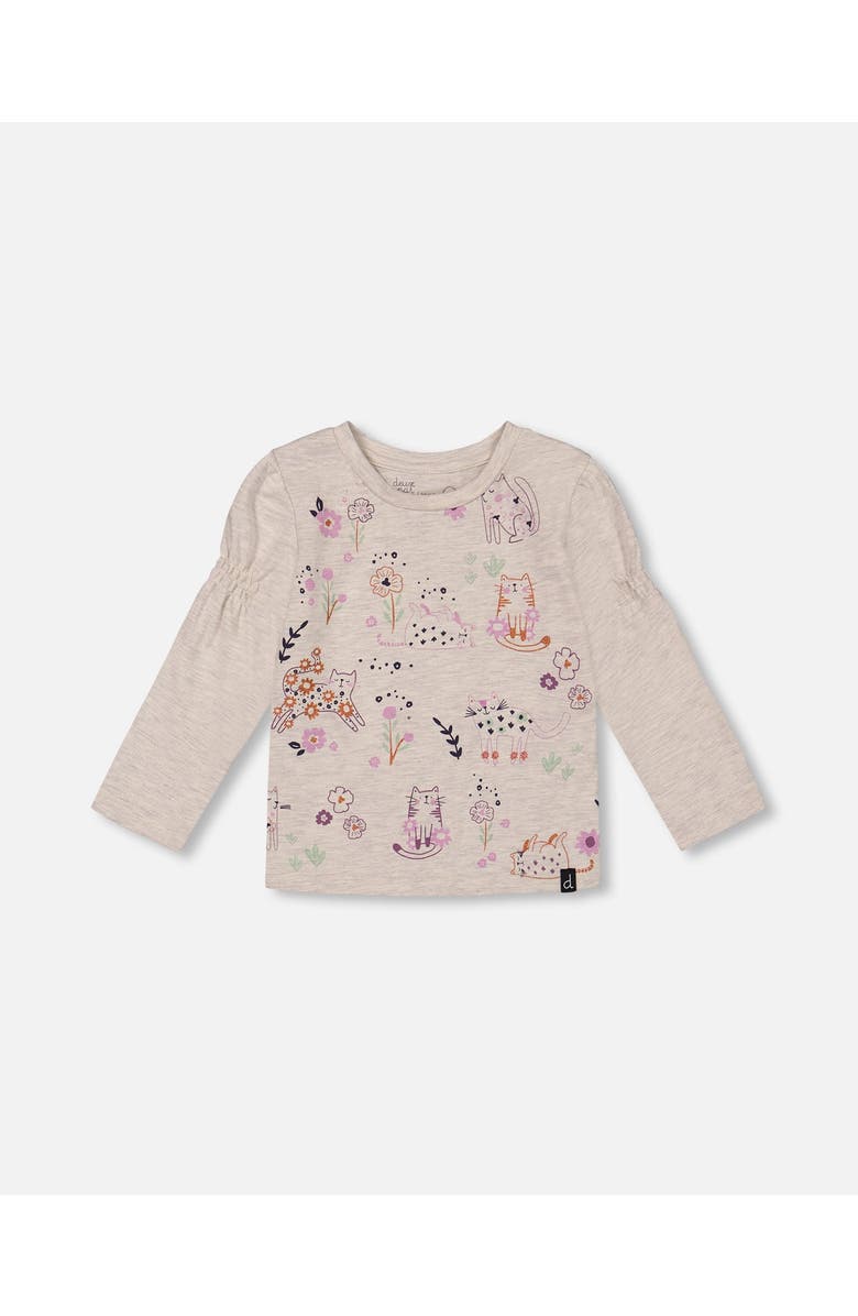 Deux par Deux Girl's Printed T-Shirt Beige Mix Printed Cats, Main, color, 