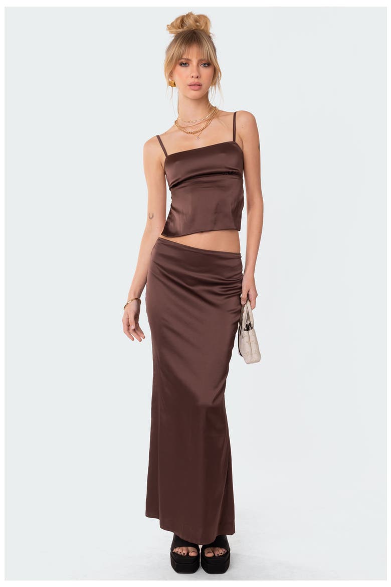 Ruched Satin Maxi Skirt, Alternate, color, BROWN