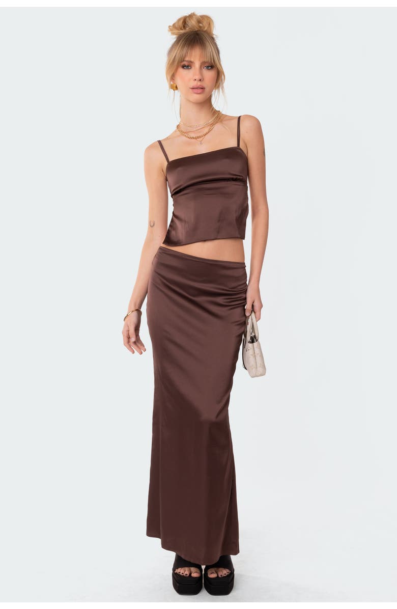 EDIKTED Ruched Satin Maxi Skirt, Alternate, color, Brown