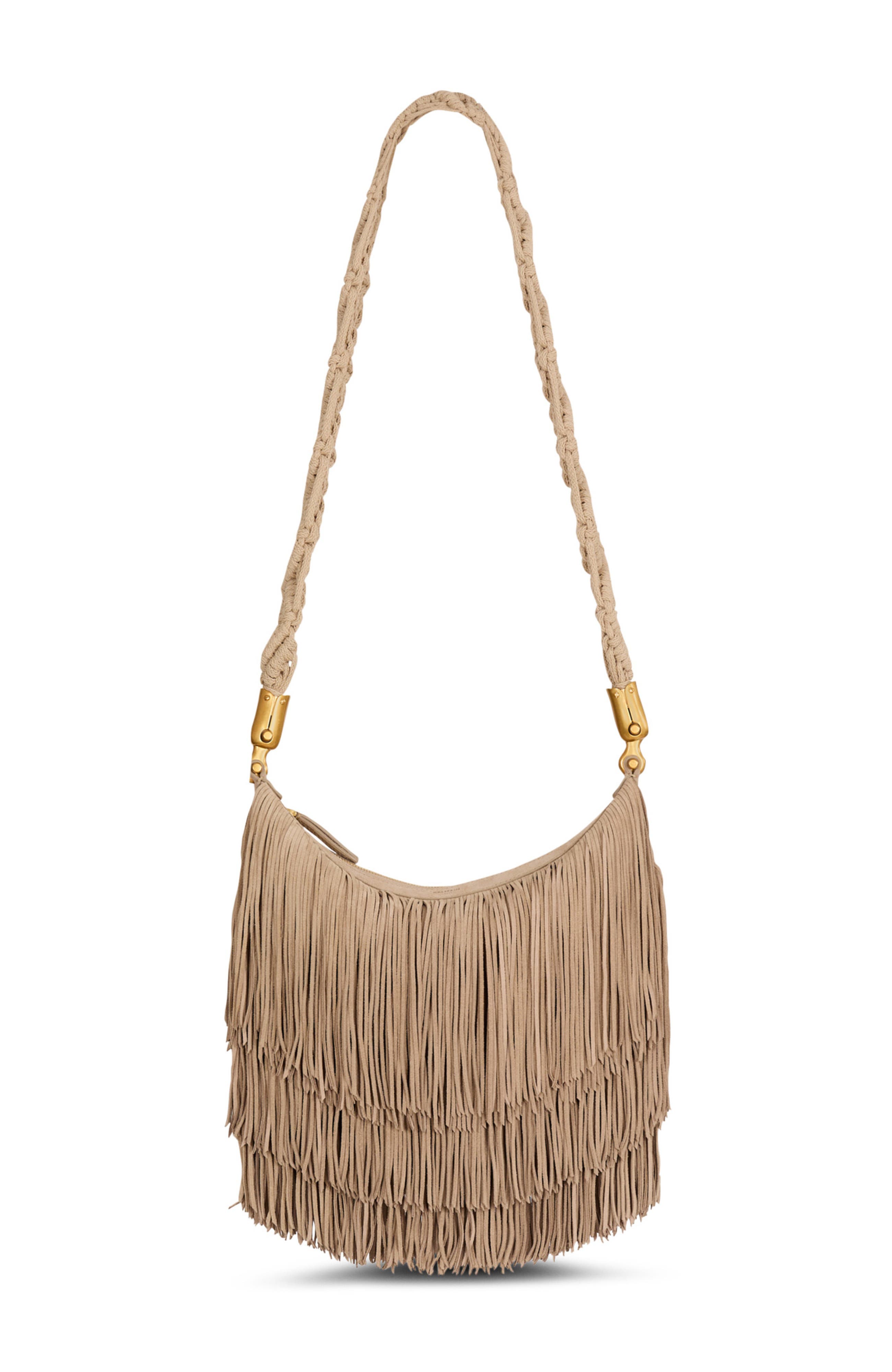 Balmain Ebene Hobo fringed suede bag, Main, color, Beige