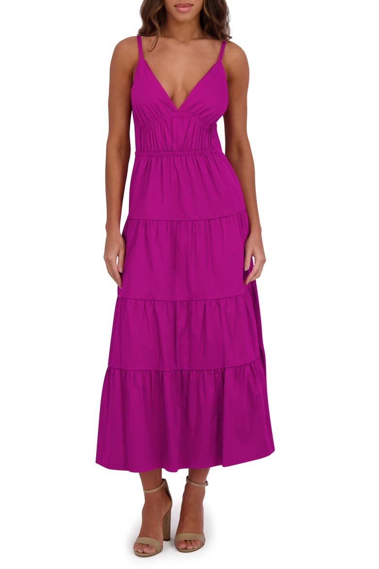 Stretch Cotton Tiered Midi Dress, Main, color, FUCHSIA