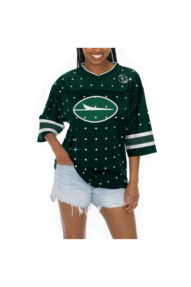 Women's Gameday Couture Green New York Jets Kickoff Time Allover Rhinestone Sports Stripe Jersey V-Neck T-Shirt, Alternate, color, Green