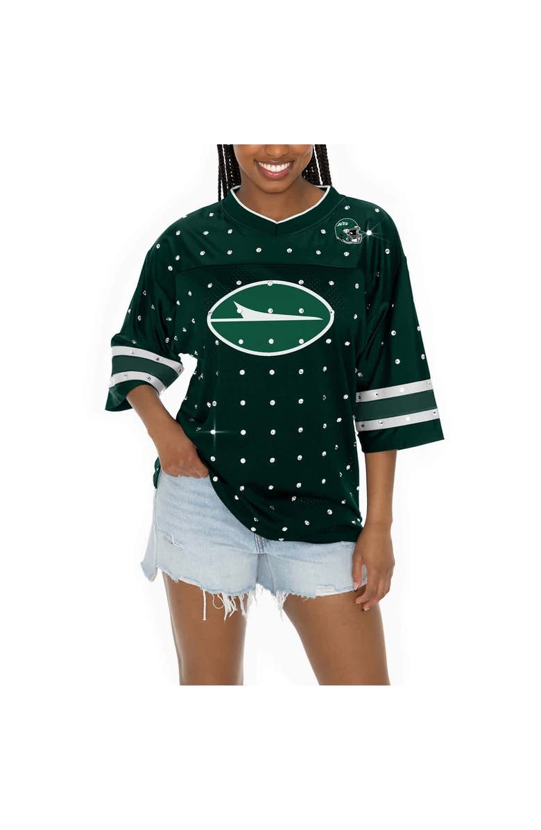 GAMEDAY COUTURE Women's Gameday Couture Green New York Jets Kickoff Time Allover Rhinestone Sports Stripe Jersey V-Neck T-Shirt, Alternate, color, Green