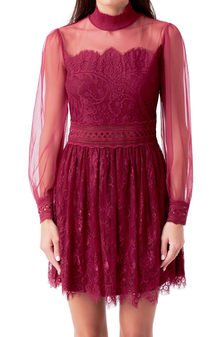 Mixed Lace Long Sleeve Cocktail Dress, Alternate, color, MAROON