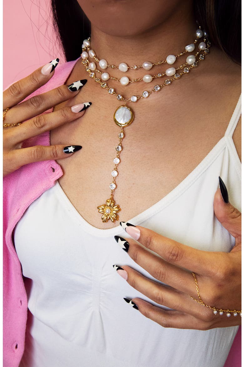 Hibiscus Freshwater Pearl Y-Necklace, Alternate, color, GOLD