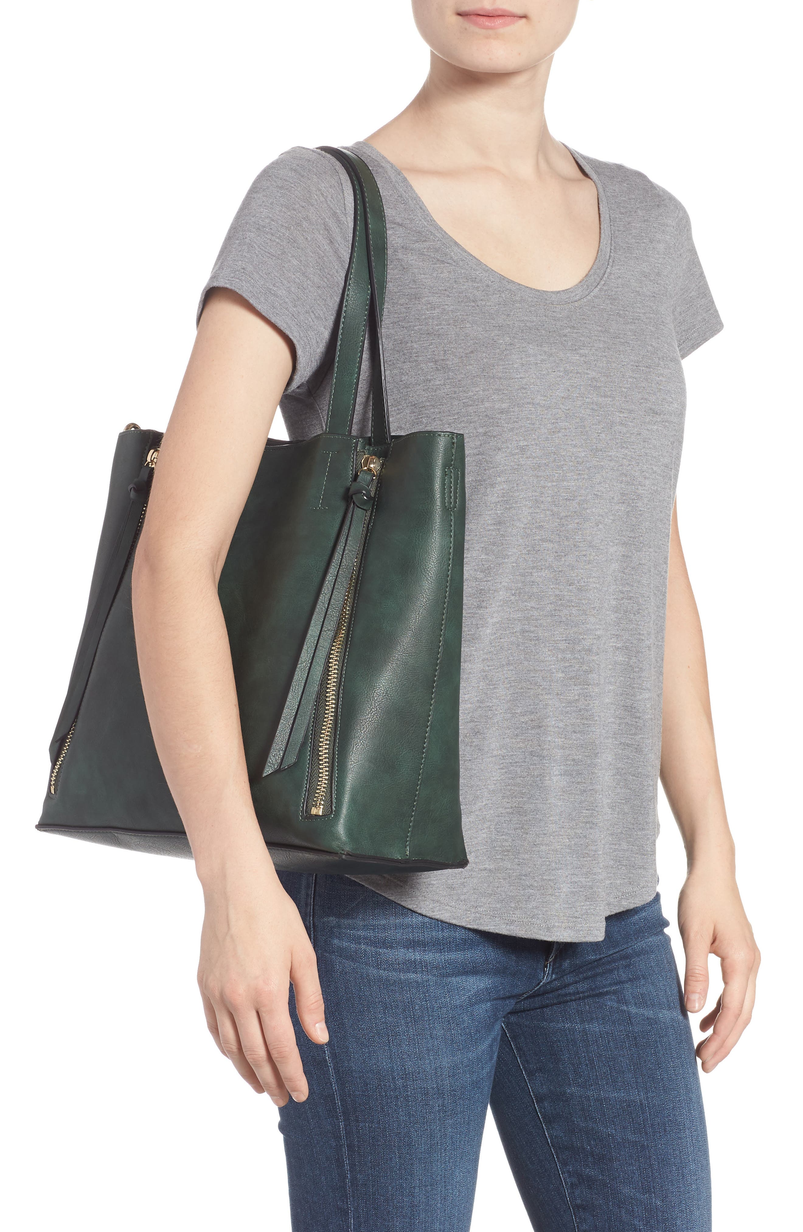 Leigh Convertible Zipper Faux Leather Tote, Alternate, color, GREEN WOOD