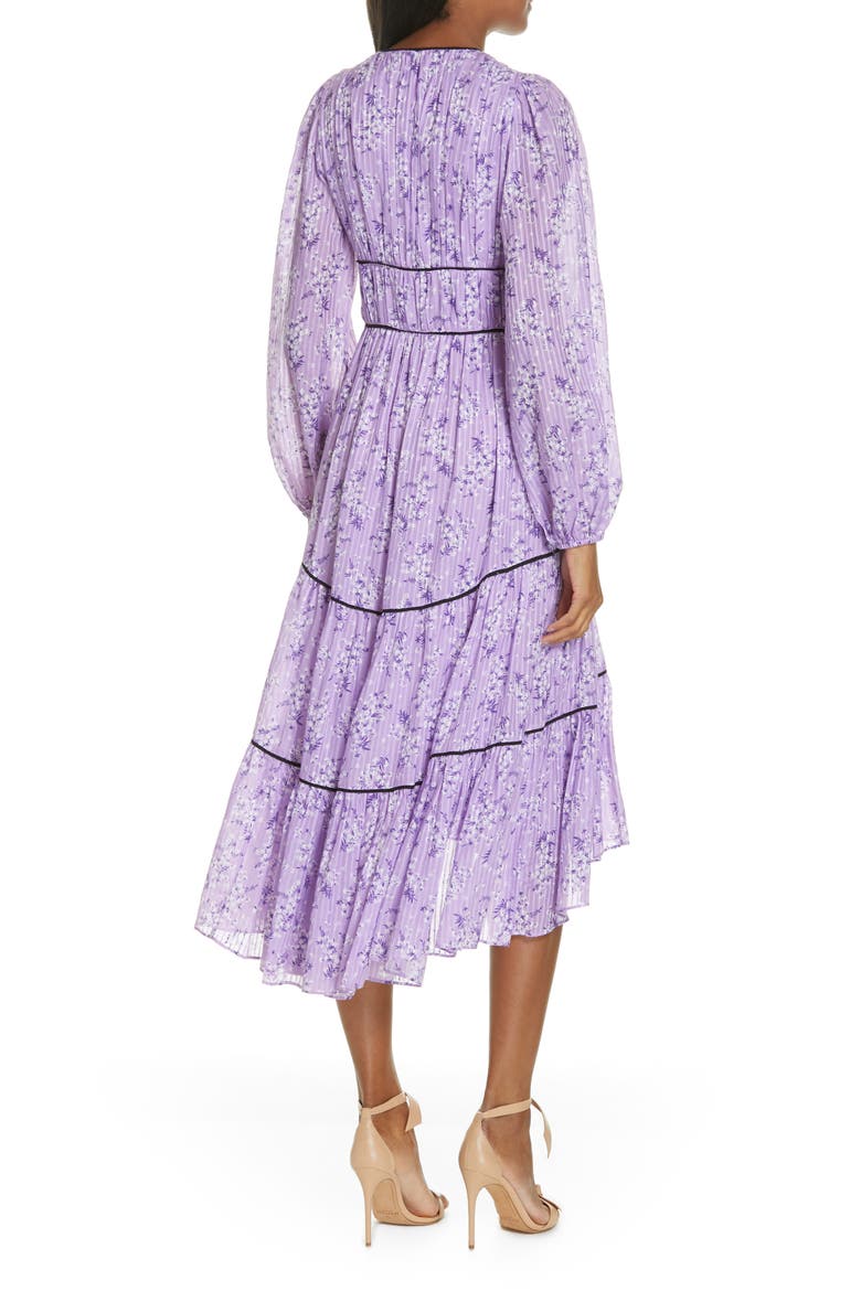 Joan Floral Print Cotton & Silk Midi Dress, Alternate, color, LILAC