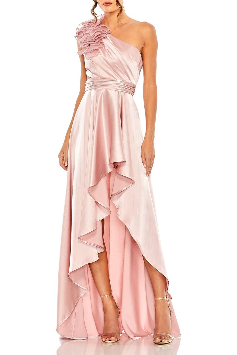 Ruffled One Shoulder Cut Out Hi-Lo Gown, Main, color, Rose