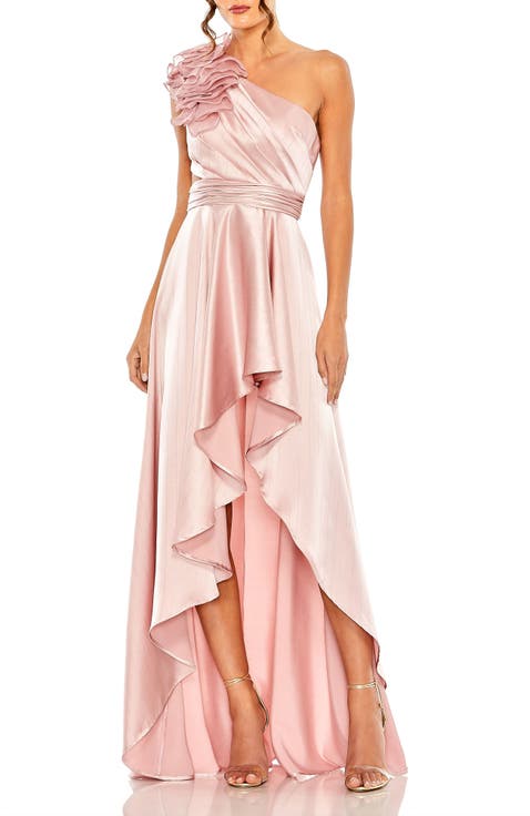 Ruffled One Shoulder Cut Out Hi-Lo Gown