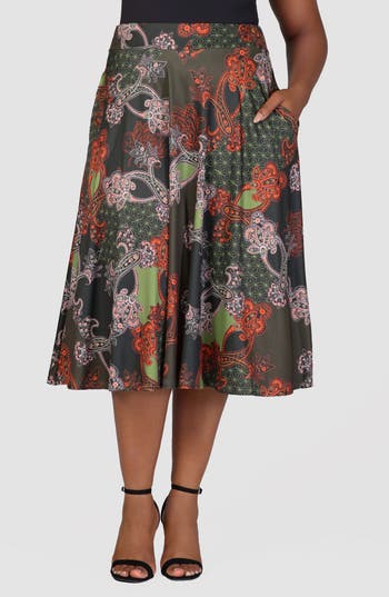 24seven Comfort Apparel Paisley Print Midi Skirt In Multi
