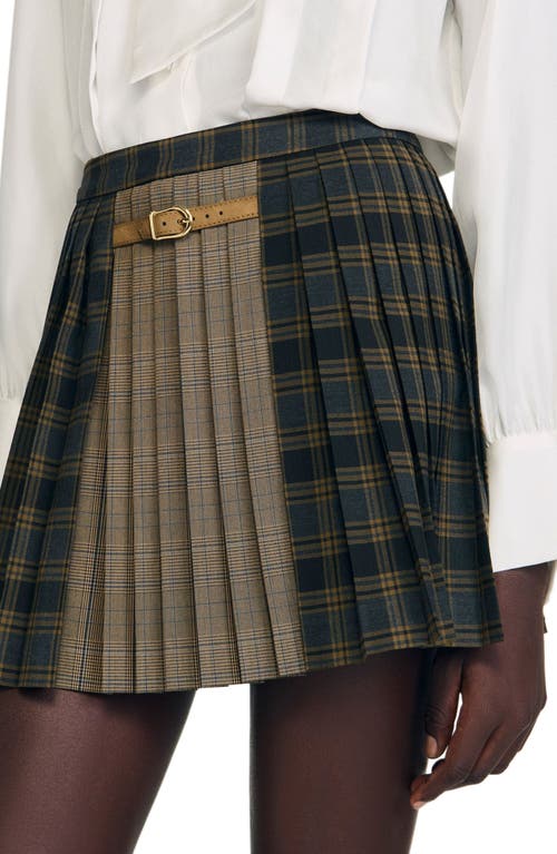 Sandro Check Pattern Pleated Mini Shirt In Brown