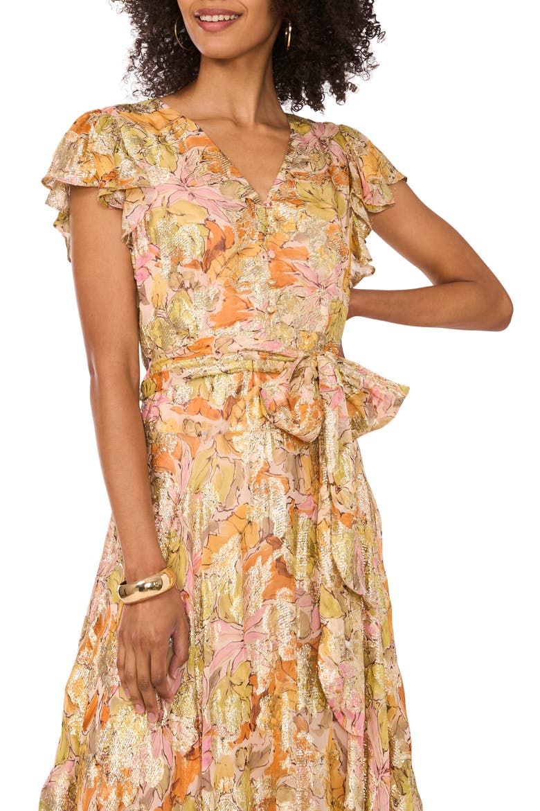 Metallic Floral Asymmetric Hem Dress, Alternate, color, CRUSHED ORANGE