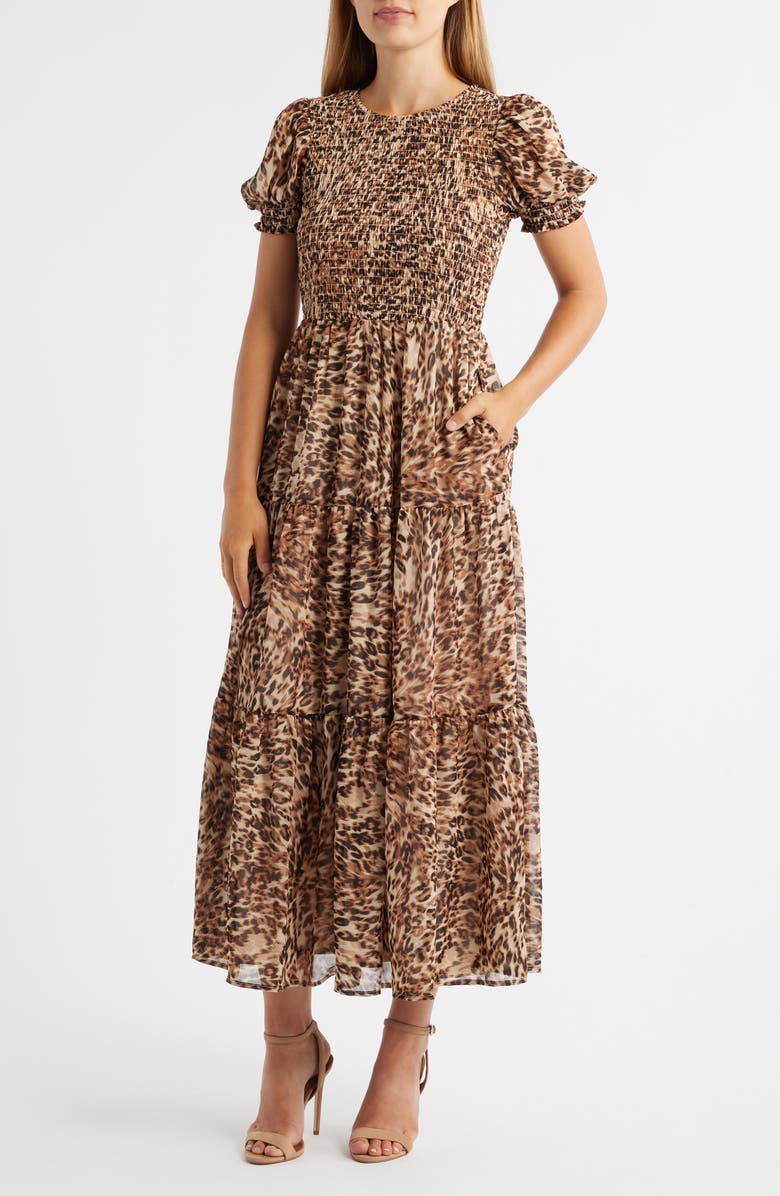 Anne Klein Smocked Puff Sleeve Maxi Dress, Main, color, Light Coffee Multi