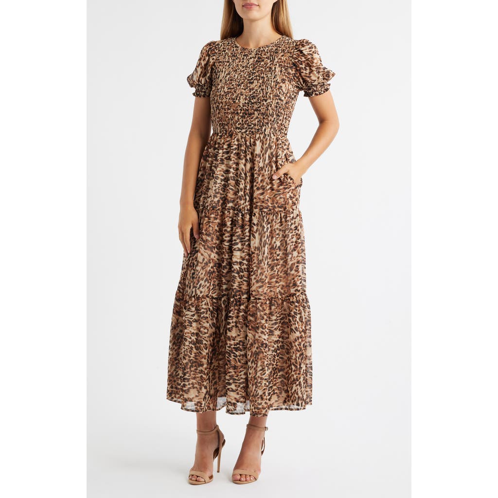 Anne Klein Womens Printed Smocked Puff Sleeve Chiffon Tiered Maxi Dress P Xxs Xxl In Multi