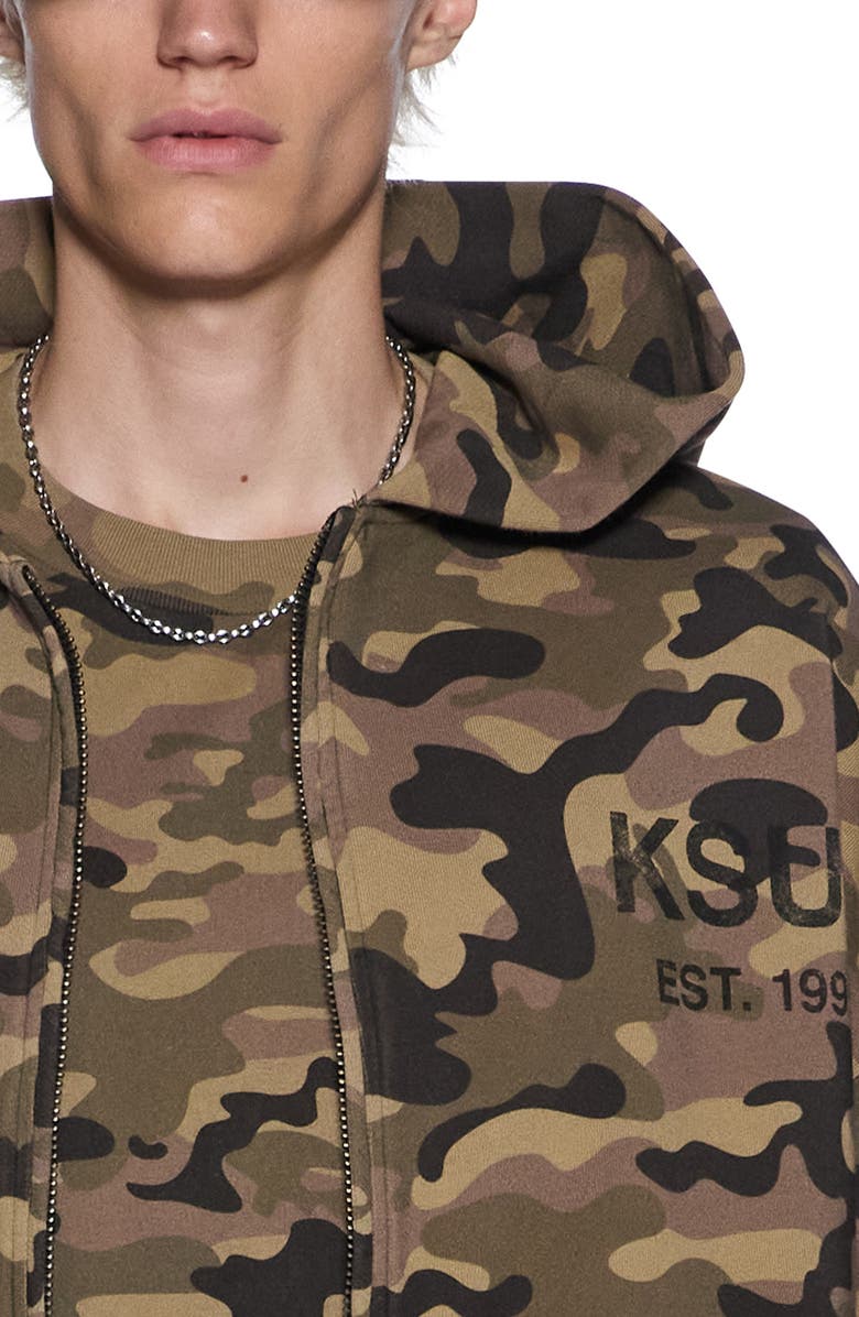 Ksubi Halen Camo Print Cotton French Terry Zip Hoodie, Alternate, color, Green