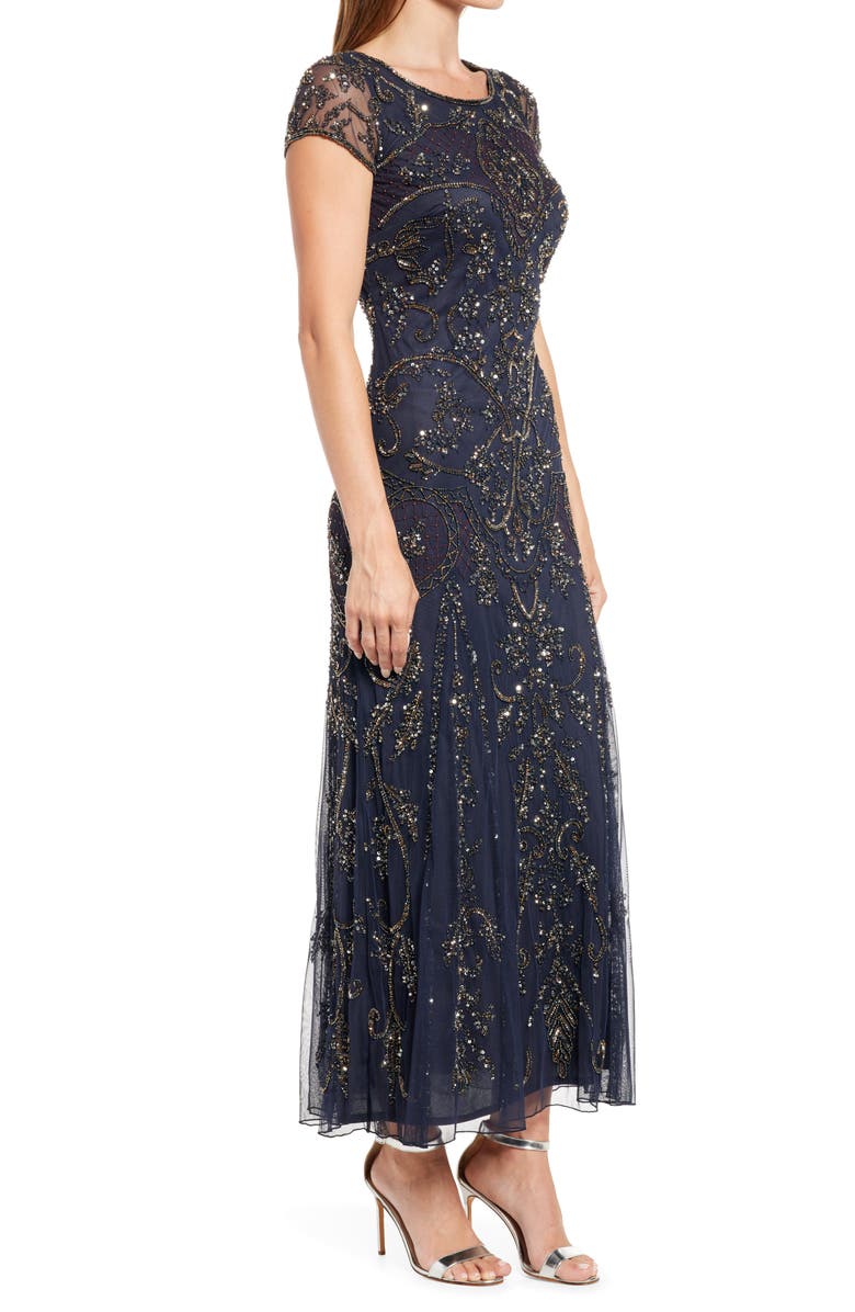 Pisarro Nights Beaded Mesh Midi Cocktail Dress, Alternate, color, New Slate