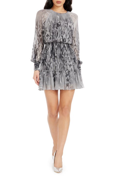 Aulden Metallic Print Abstract Print Long Sleeve Cocktail Minidress