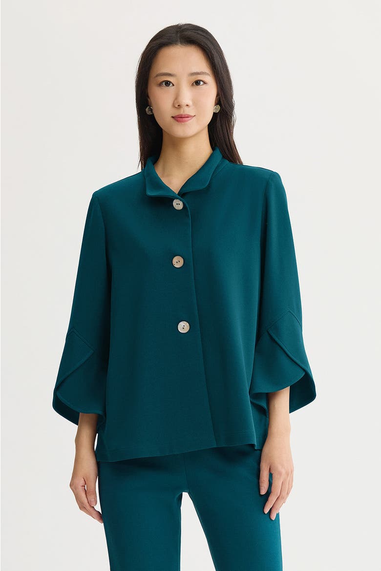 Button Front Bell Sleeve Deco Crepe Jacket, Main, color, Deep Teal