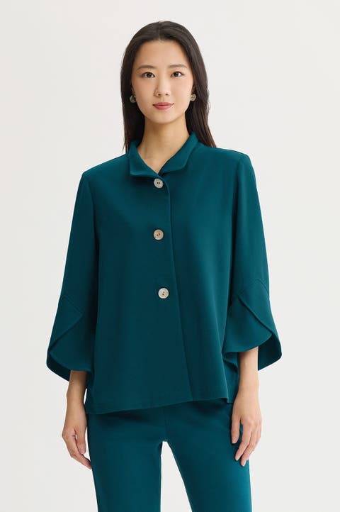 Button Front Bell Sleeve Deco Crepe Jacket