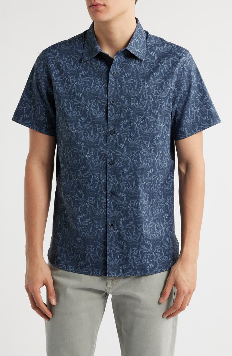 Nordstrom Leaf Print Short Sleeve Stretch Button-Up Shirt, Main, color, Navy Botanical Shadow