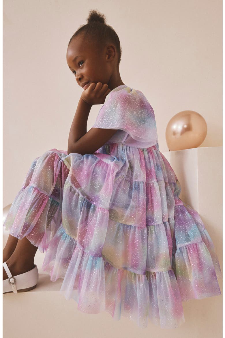 Kids' Glitter Ombré Flutter Sleeve Tiered Mesh Dress, Alternate, color, METAL