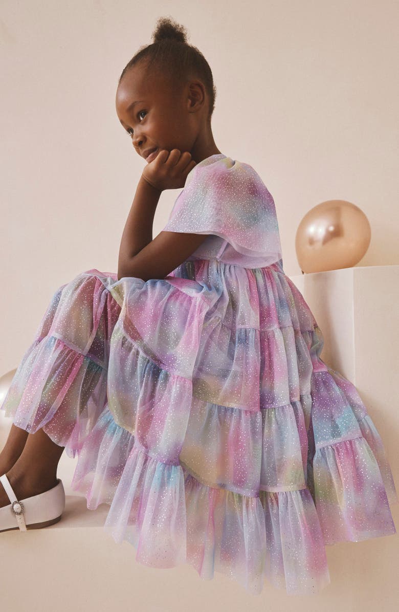 NEXT Kids' Glitter Ombré Flutter Sleeve Tiered Mesh Dress, Alternate, color, Metal