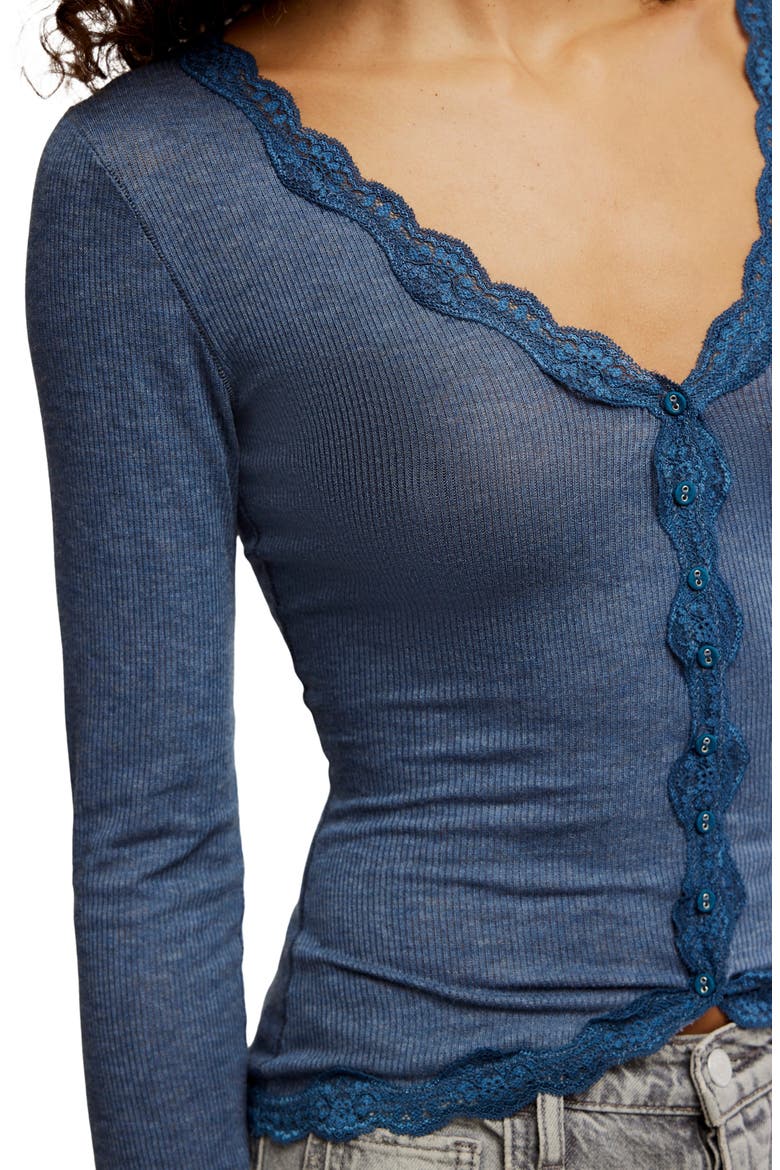 Big Love Lace Trim Knit Button-Up Top, Alternate, color, OCEAN HEATHER