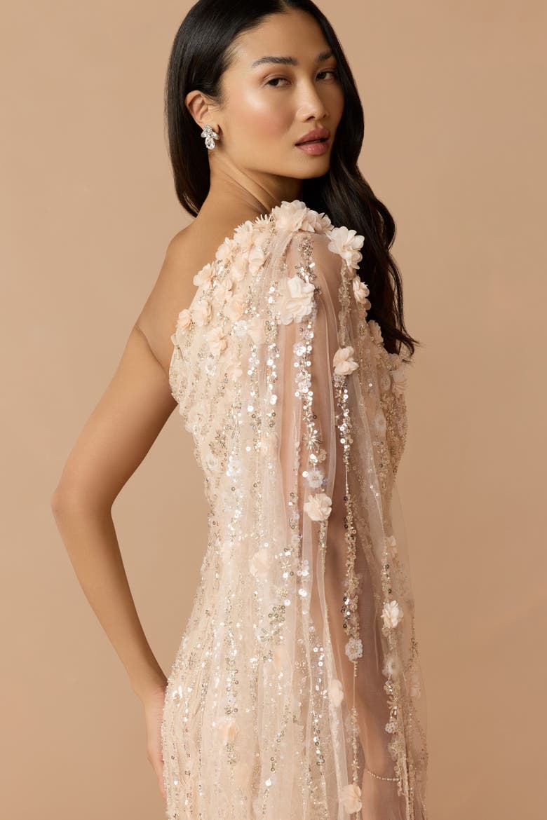 Floral Mesh One Shoulder Trumpet Gown With Float, Alternate, color, Porcelain