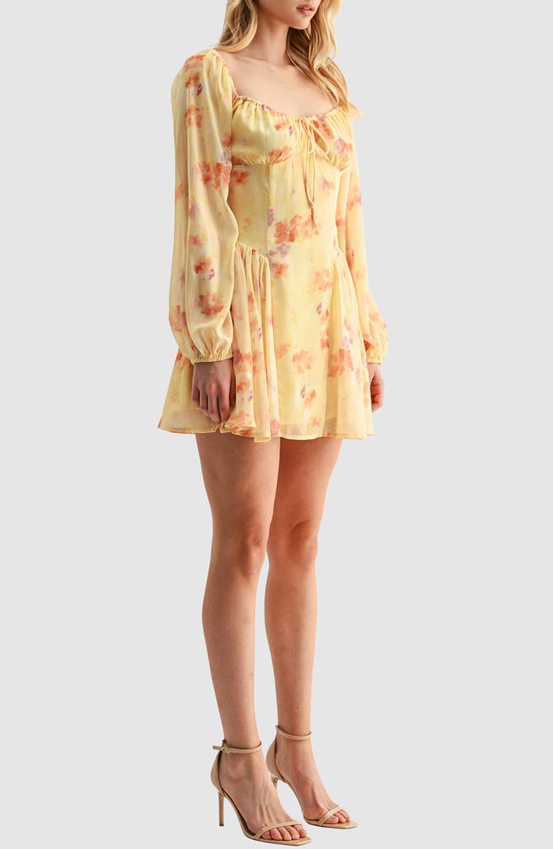 All in Favor Floral Long Sleeve Chiffon Fit & Flare Minidress, Alternate, color, Yellow Floral
