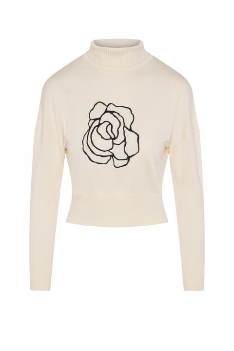 Cropped Embroidered Turtle Neck Knit Sweater