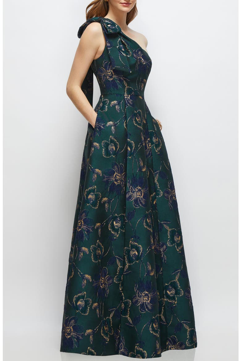 One-Shoulder Metallic Jacquard Trumpet Gown, Alternate, color, EVERGREEN FLORAL