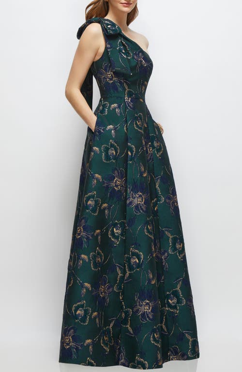 Alfred Sung One-shoulder Metallic Jacquard Trumpet Gown In Green