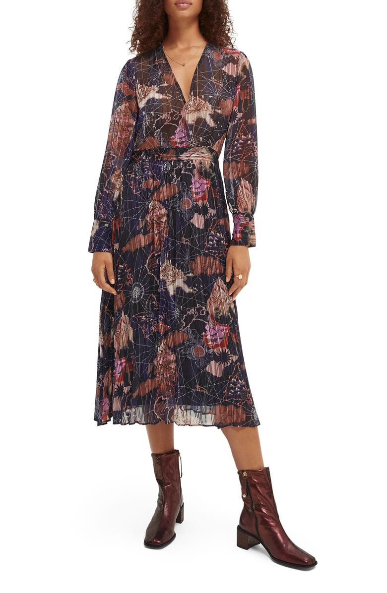 Scotch & Soda Printed Pleated Long Sleeve Midi Shirtdress, Main, color, 