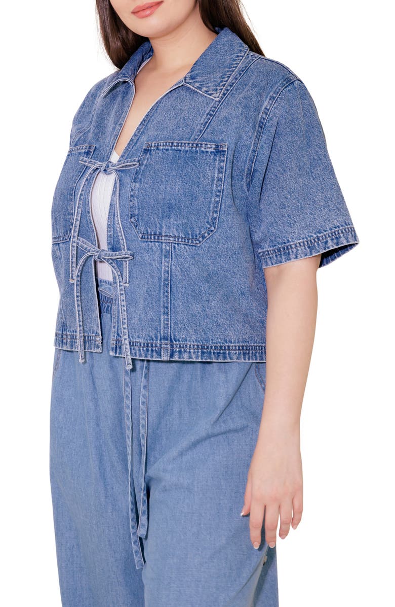 FLYING TOMATO Tie Front Short Sleeve Washed Denim Top, Alternate, color,
