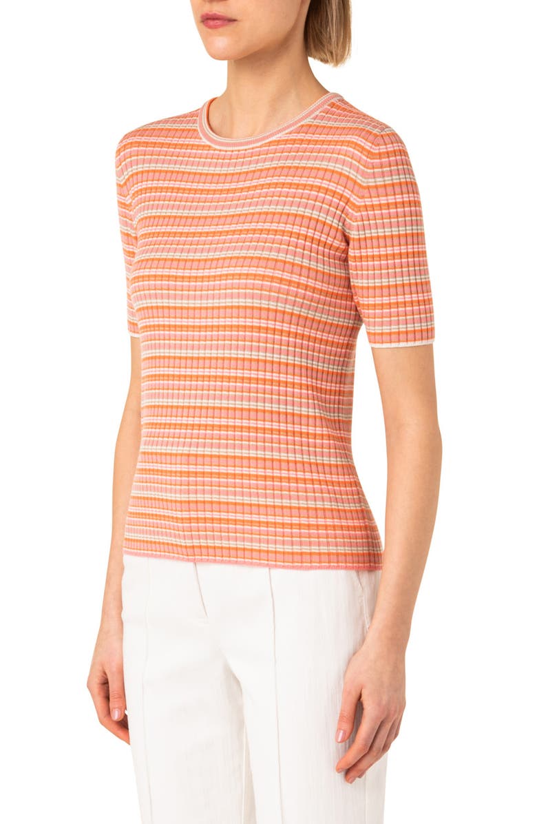 Akris punto Stripe Short Sleeve Rib Virgin Merino Wool Sweater, Alternate, color, 