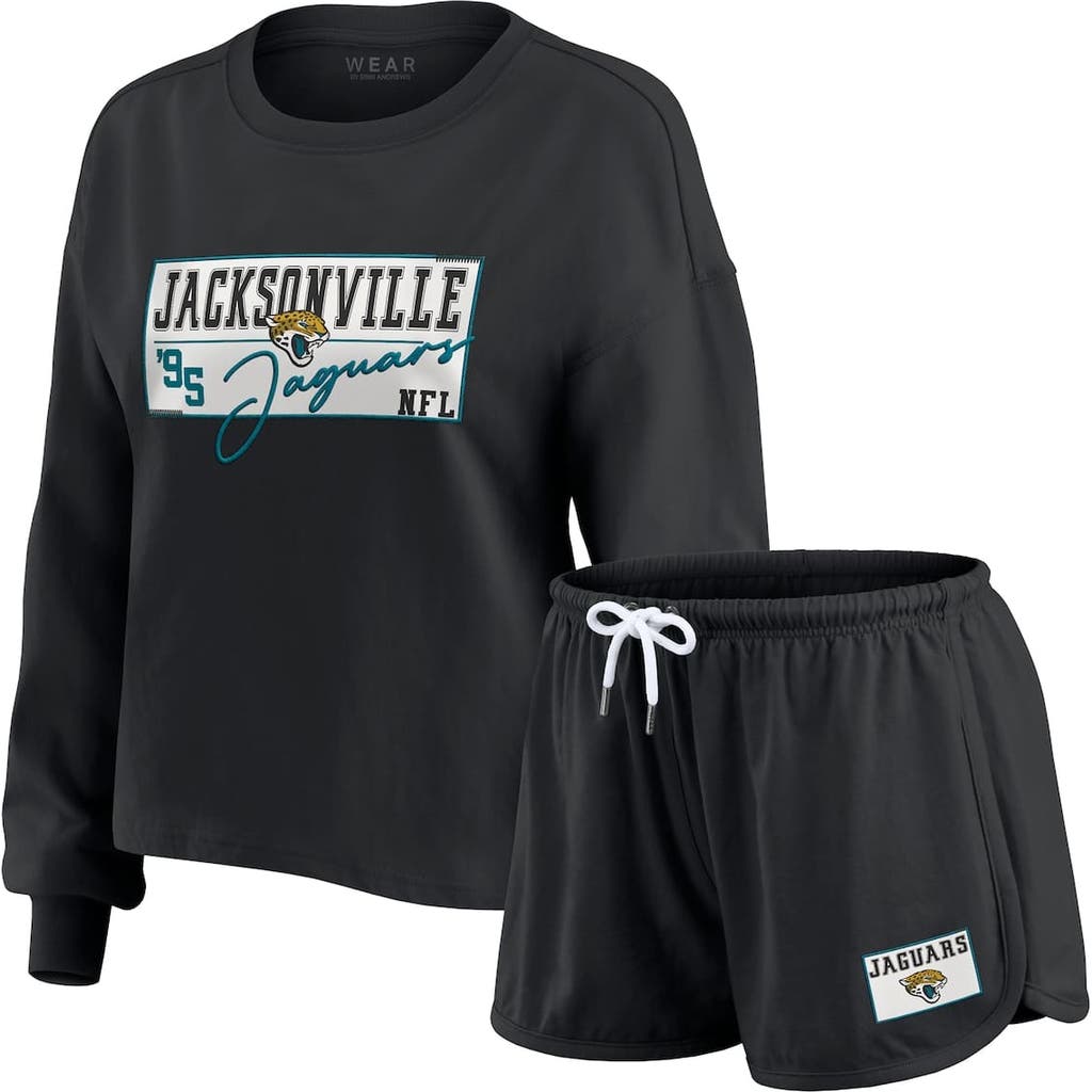 Wear By Erin Andrews Women's 2-piece Black Jacksonville Jaguars Heavy Rugby Jersey Long Sleeve T-shirt And Shorts Lounge In Gray