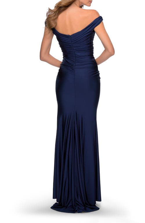 La Femme Off The Shoulder Prom Dress With Sweetheart Neckline In Navy