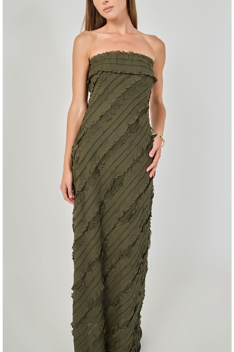 Ruffle Strapless Maxi Dress, Alternate, color, OLIVE BROWN