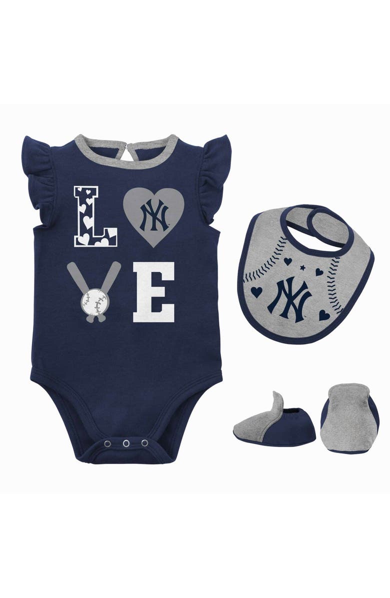 Outerstuff Newborn & Infant Navy/Heather Gray New York Yankees Three-Piece Love of Baseball Bib Bodysuit & Booties Set, Main, color, Navy