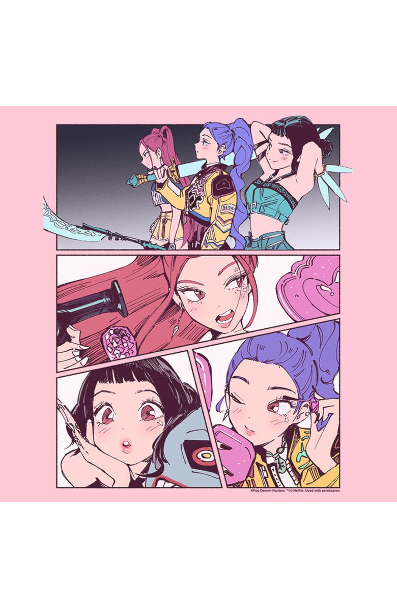 KPop Demon Hunters Girl's KPop Demon Hunters HUNTR/X Manhwa Comic Panels  Graphic T-Shirt, Alternate, color, Light Pink