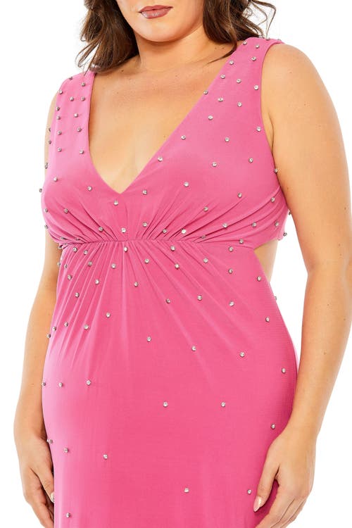 Mac Duggal Rhinestone Embellished Open Back Jersey Plus Size Gown In Hot Pink