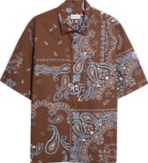 Moncler Bandana Print Short Sleeve Cotton Button-Up Shirt
