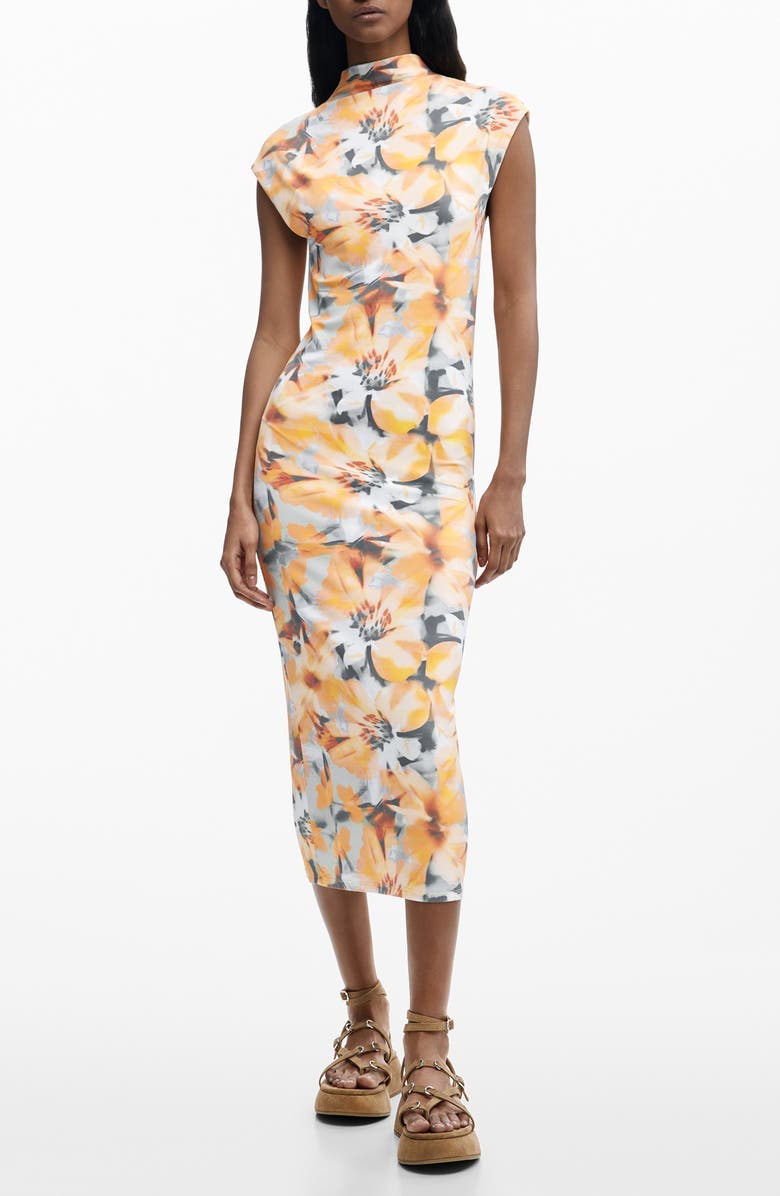 Desigual Floral Print Cap Sleeve Dress, Main, color, Light Orange