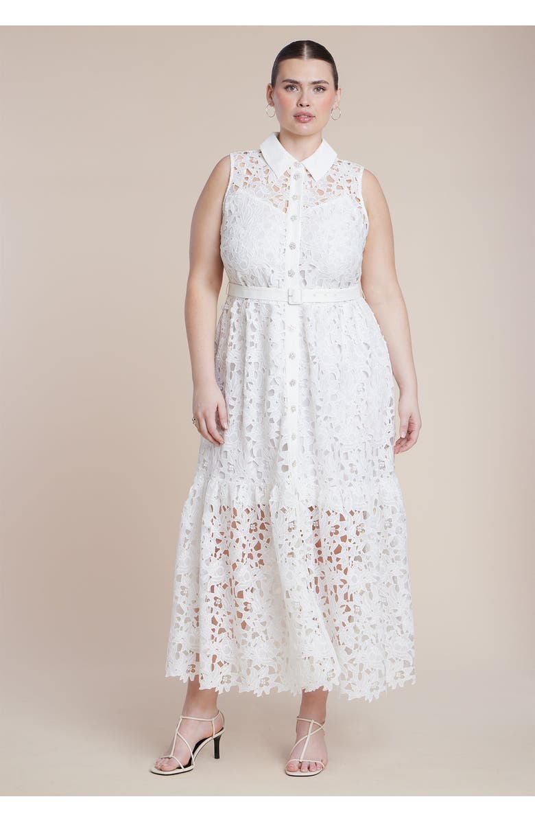 ELOQUII Lace Dress With Buttons & Collar, Main, color, Lucent White