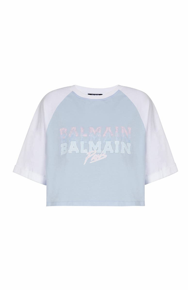 Balmain Cropped T-Shirt With Balmain Paris Print, Alternate, color, Blue